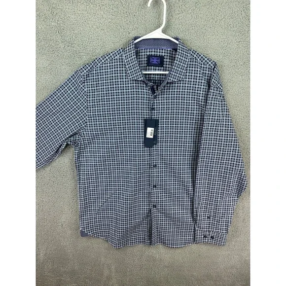 Michelsons of London Shirt Men's Regular Fit Blue Plaid Cuff Dress Shirt XXL New